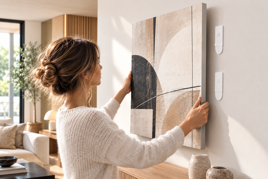 femme qui pose tableau sur le mur sans le percer, elle applique des languettes adhésives