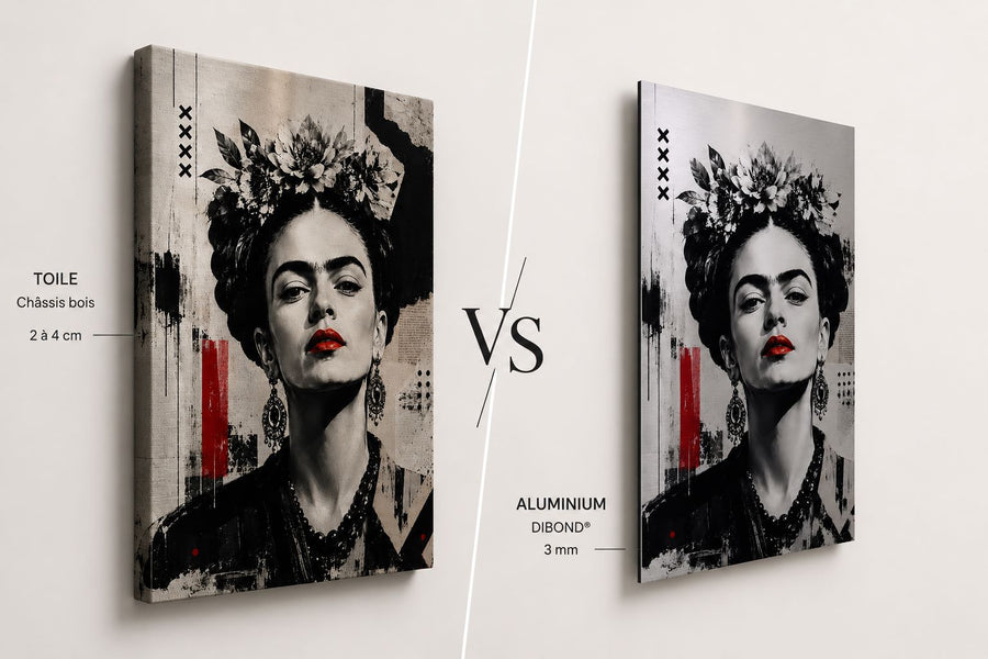 comparatif visuel entre un tableau imprimé sur toile et un tableau imprimé sur plaque alu