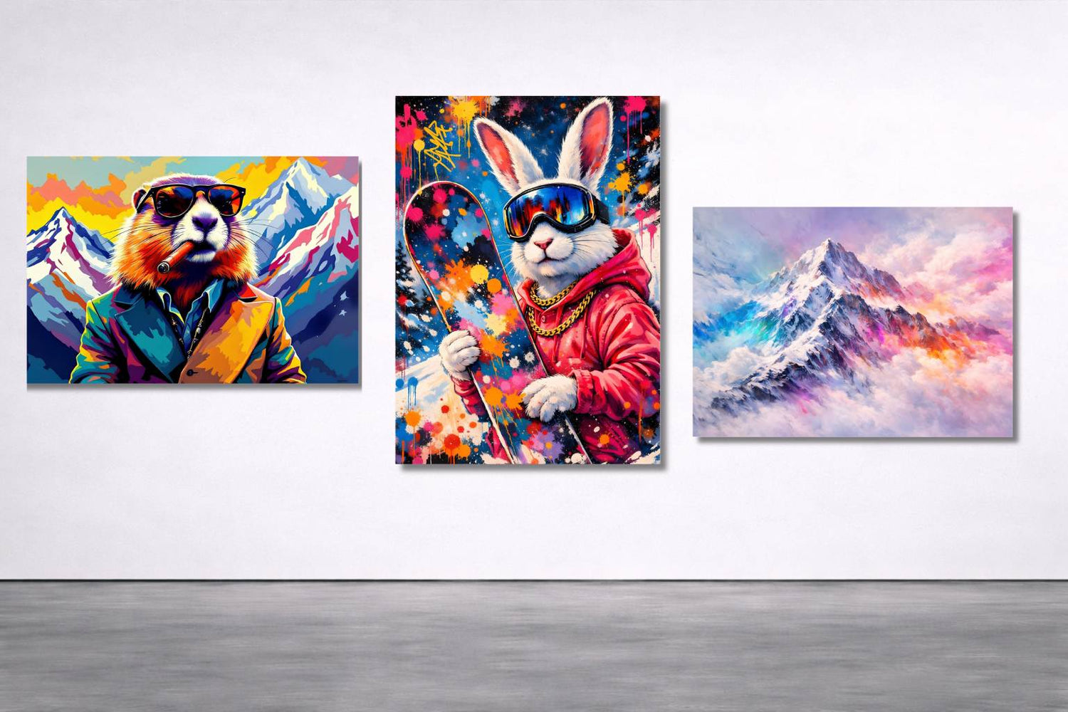 collection de tableaux sur l'univers de la montagne : paysages, animaux de montagne décalés 