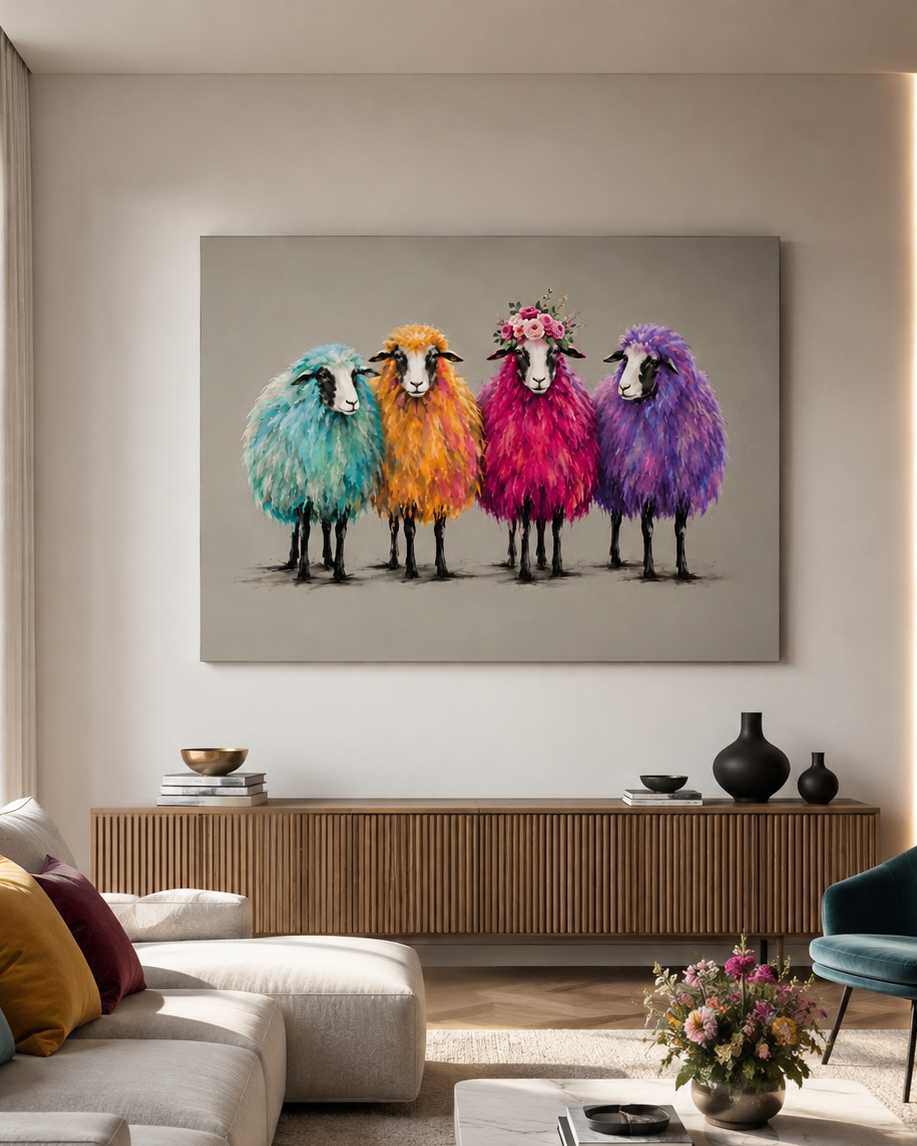 Tableau de moutons colorés installé dans un intérieur contemporain lumineux aux tonalités naturelles
