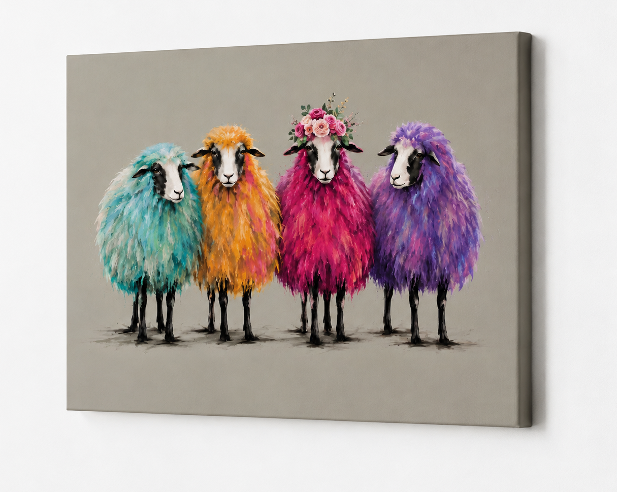 Tableau moutons colorés vu de profil avec quatre animaux aux pelages vifs sur un fond neutre
