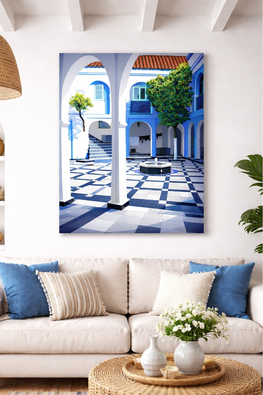 Tableau mural design patio méditerranéen pour intérieur chic et épuré
