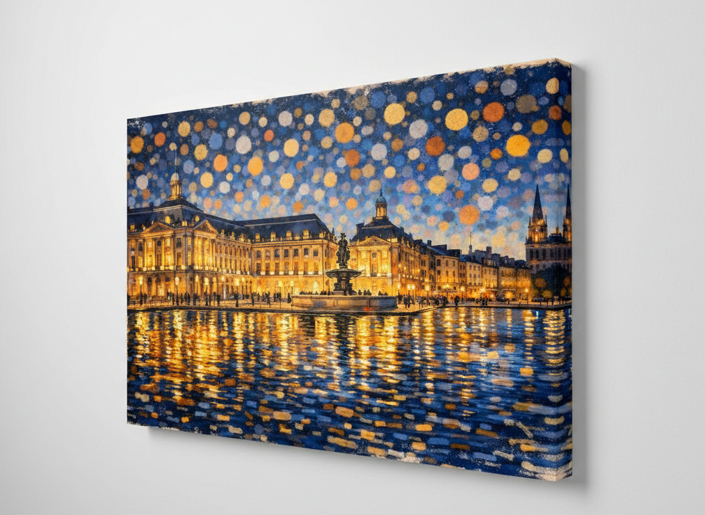 Tableau contemporain architecture bordelaise illuminée pour salon élégant
