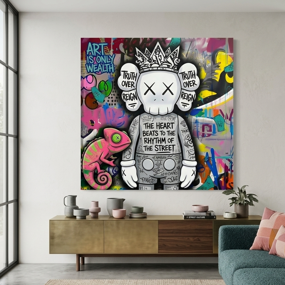 Tableau street art Kaws dans un salon moderne, décoration murale design graphique urbain ambiance contemporaine
