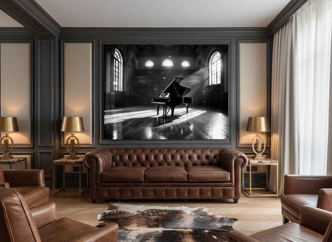 Tableaux modernes pour salon musique piano noir et blanc ambiance artistique
