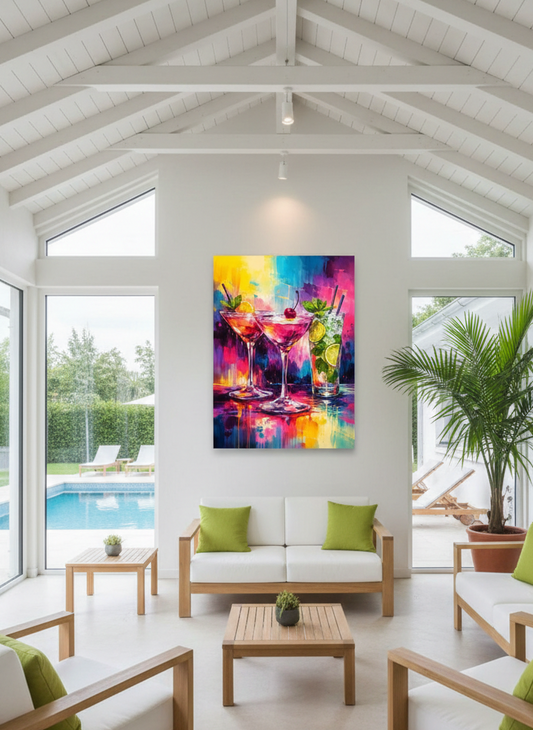 Tableau cocktails moderne accroché dans un salon contemporain, décoration murale chic et lumineuse.
