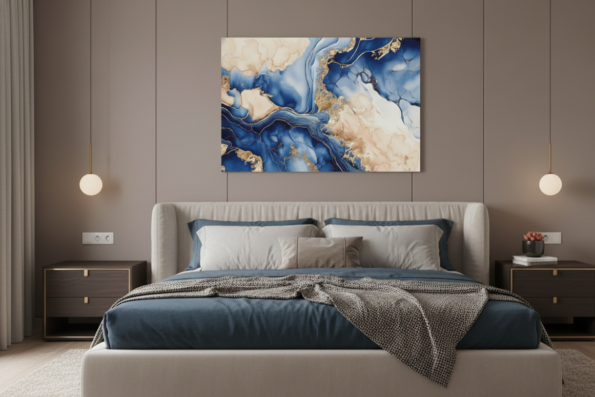 Tableau abstrait moderne bleu beige en situation dans un interieur
