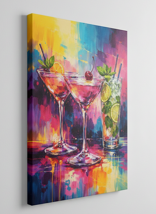 Vue de profil du tableau cocktails sur toile châssis, détails des couleurs et impression haute qualité.
