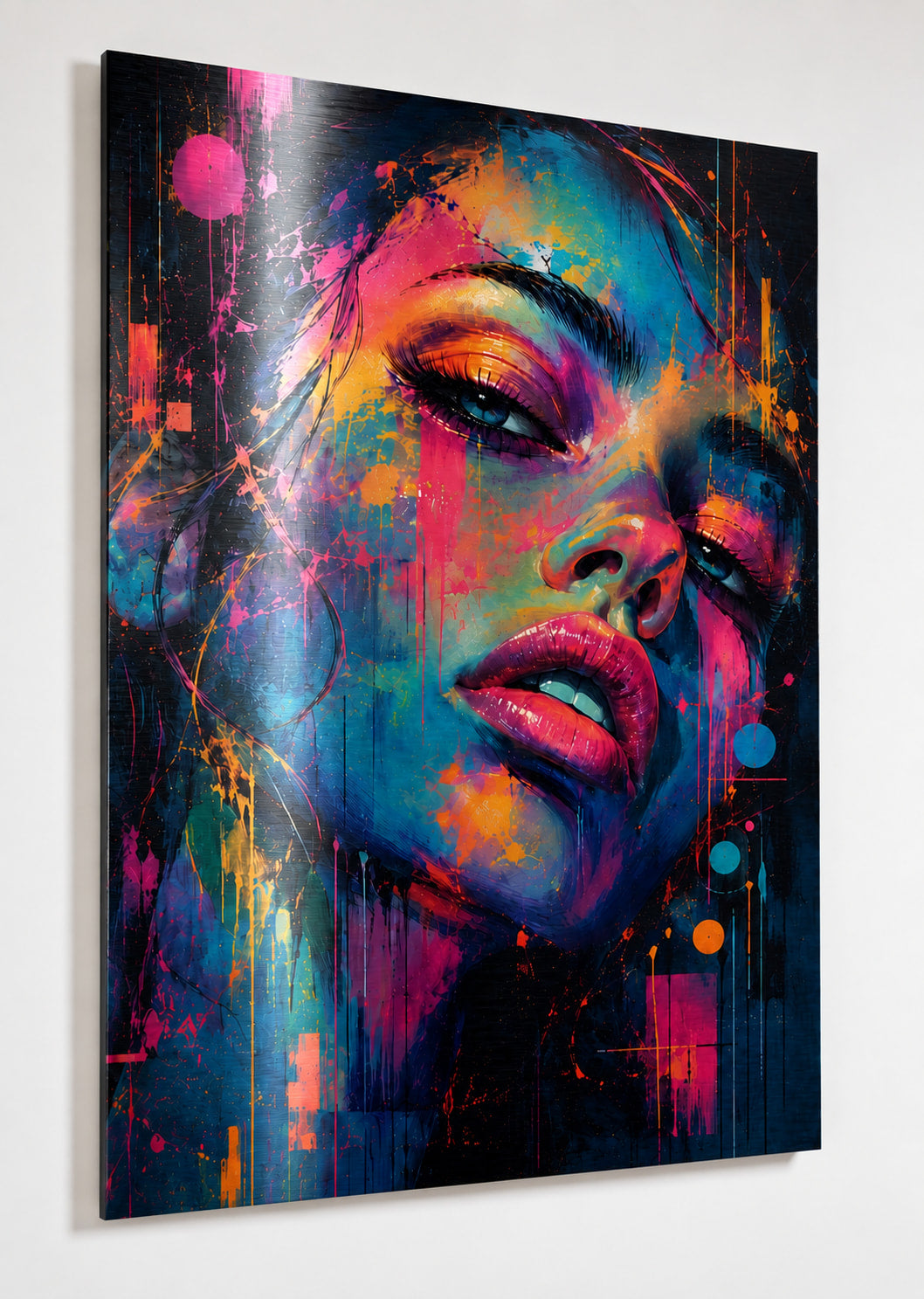 Tableau pop art d'une femme au portrait coloré avec impression sur plaque alu dibond premium 