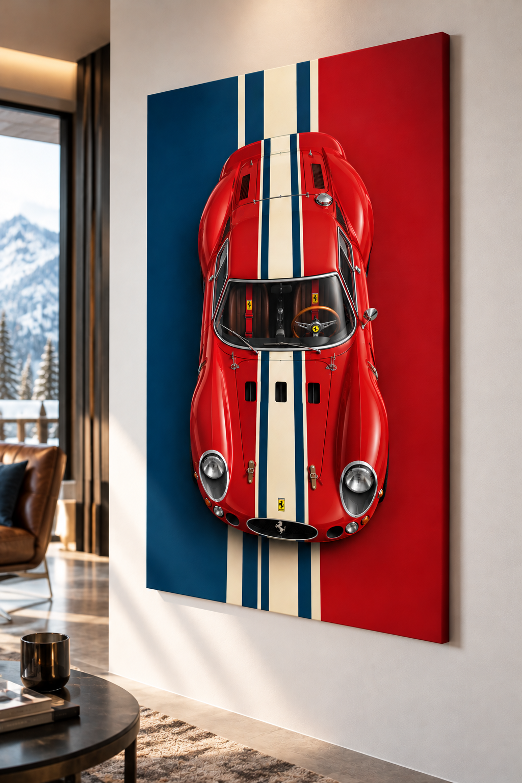 Tableau Ferrari 250 GTO imprimé sur toile coton tendue sur châssis, aux couleurs rouge et bleu marine
