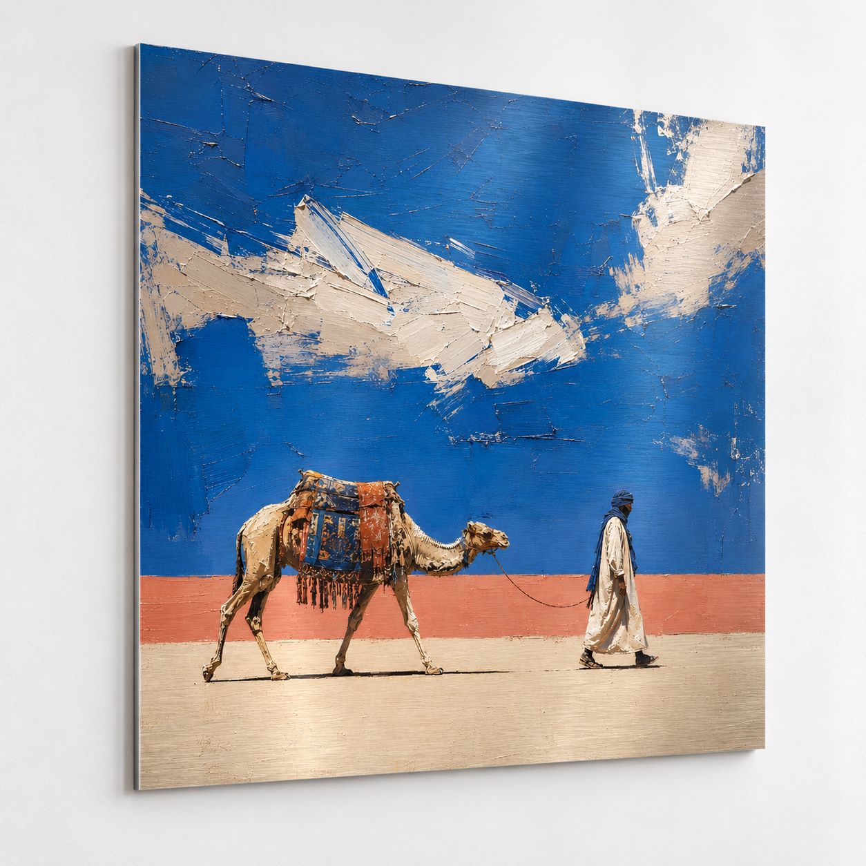 Tableau Traversée Bleue sur aluminium, scène figurative contemporaine bleue
