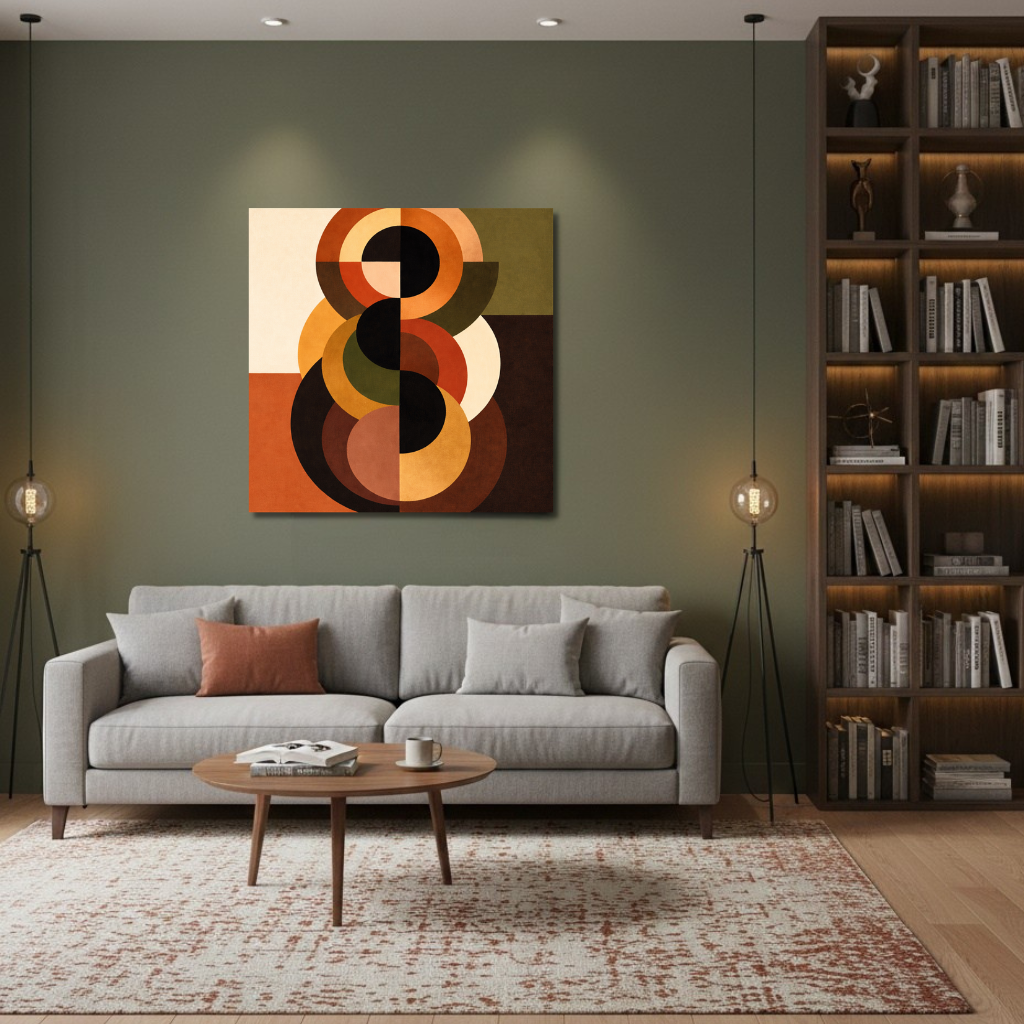 Tableau abstrait géométrique chaleureux intégré dans un intérieur contemporain
