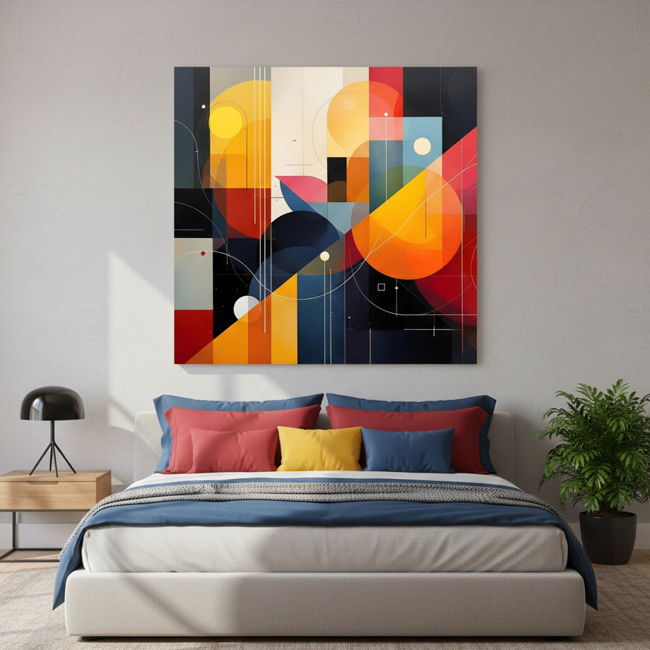 Tableau abstrait contemporain intérieur accroché sur un mur
