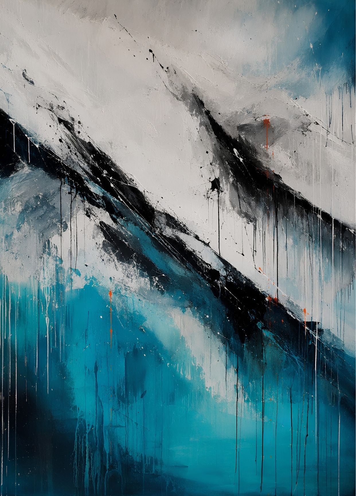 Tableau montagne semi-abstrait bleu aux sommets graphiques, avec nuances turquoise, blanc neige et profondes lignes noires.
