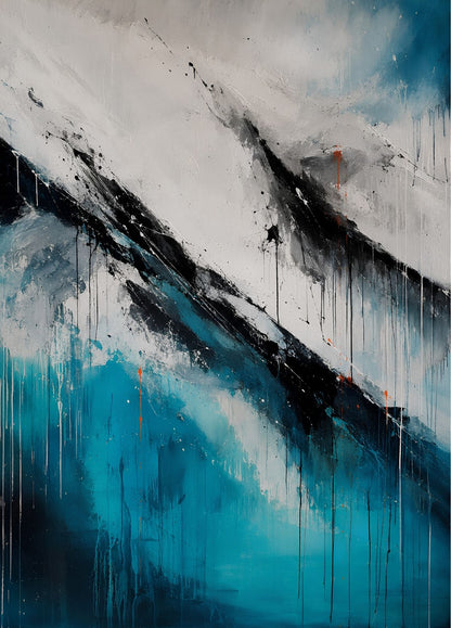 Tableau montagne semi-abstrait bleu aux sommets graphiques, avec nuances turquoise, blanc neige et profondes lignes noires.
