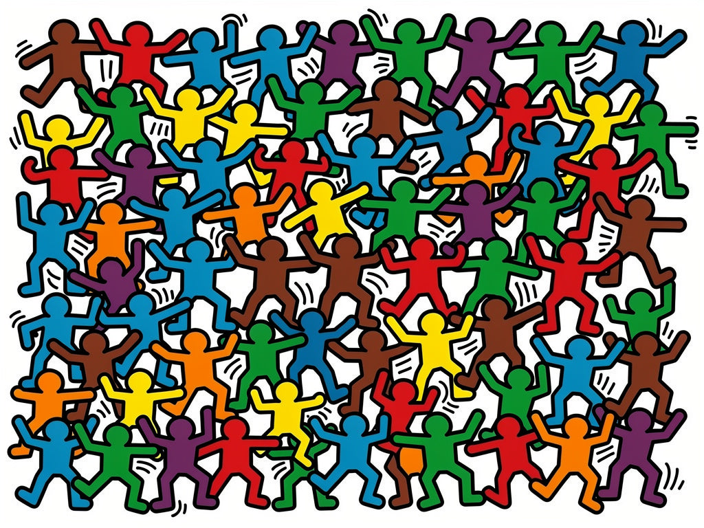 Toile pop art colorée inspirée de Keith Haring, personnages graphiques en mouvement