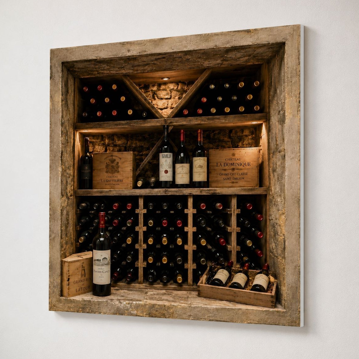 Trompe l'œil mural représentant une cave à vin en pierre
