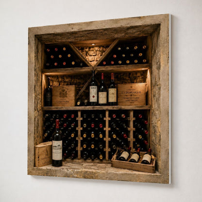 Trompe l'œil mural représentant une cave à vin en pierre
