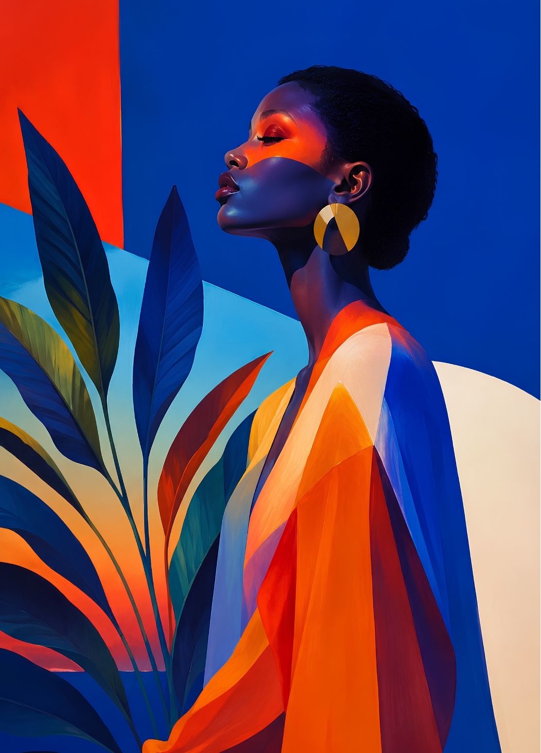 Tableau femme moderne aux couleurs bleu et orange dans un style contemporain.
