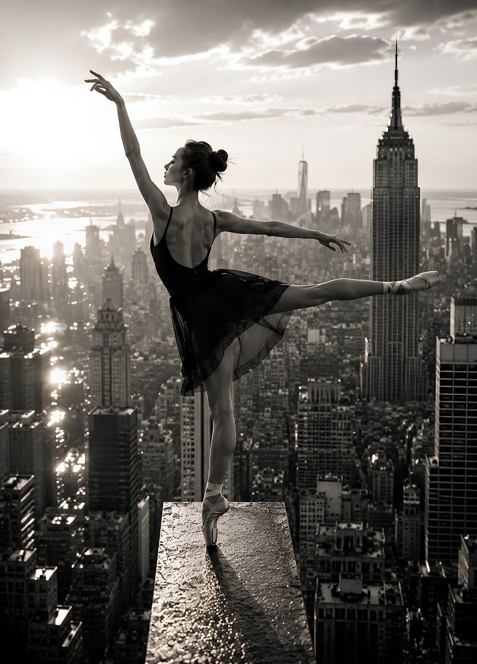 Tableau Above Manhattan pleine page en gros plan avec danseuse devant la skyline de New York
