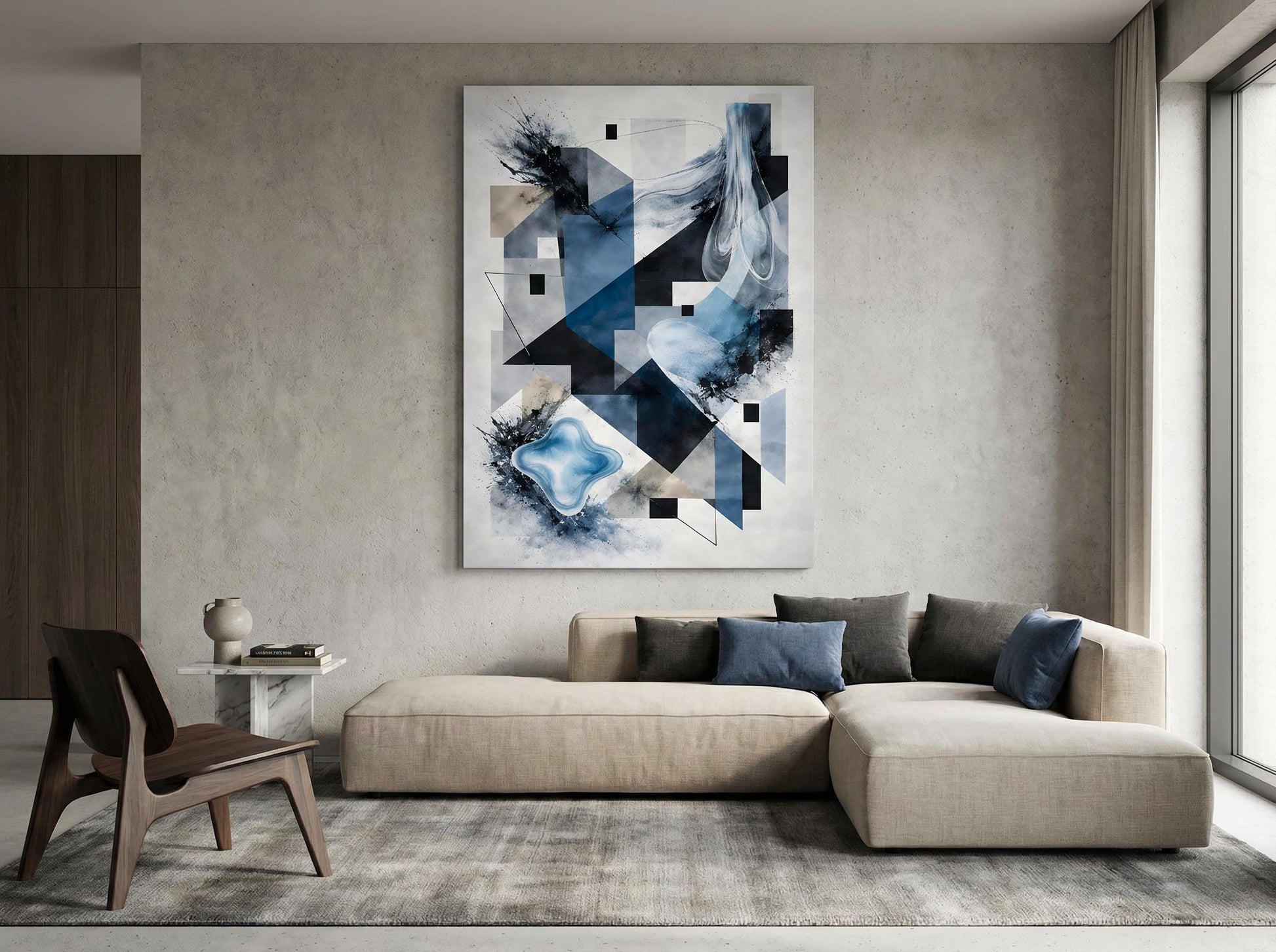 Tableau abstrait contemporain bleu géométrique accroché dans salon moderne décoration murale élégante
