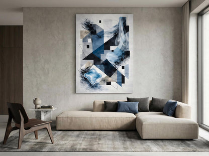 Tableau abstrait contemporain bleu géométrique accroché dans salon moderne décoration murale élégante
