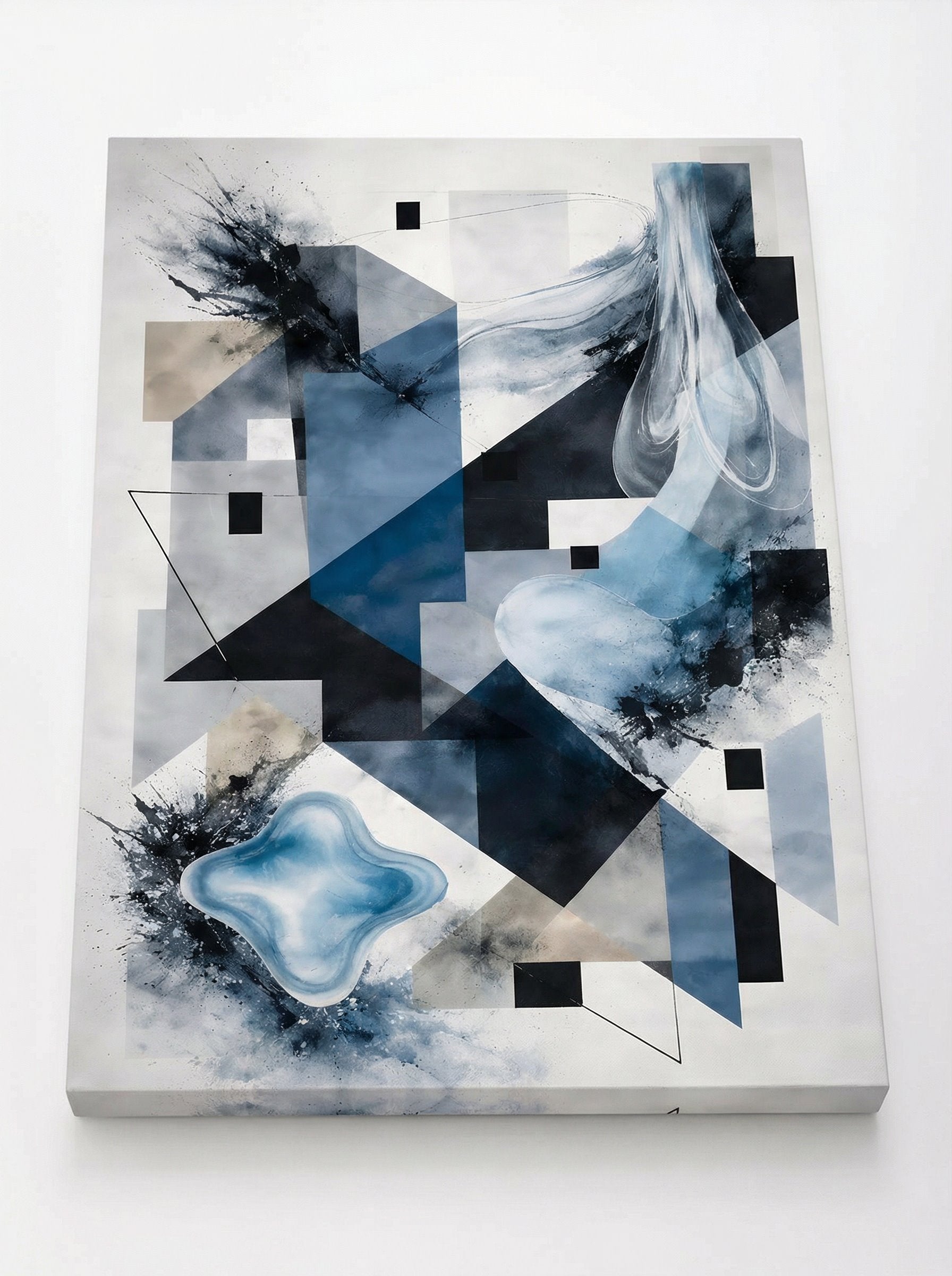 Vue de profil tableau abstrait bleu géométrique impression artistique sur toile avec textures contemporaines
