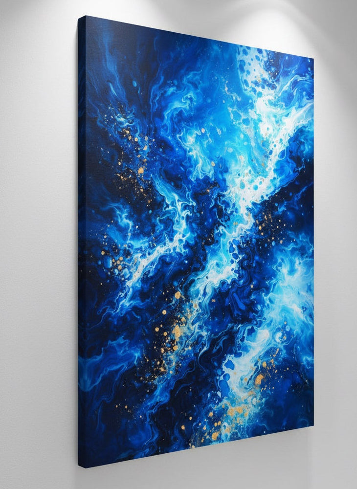 Œuvre murale fluide aux nuances bleues intenses et touches lumineuses
