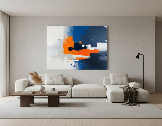 Tableau abstrait moderne bleu orange accroché dans salon design décoration murale contemporaine élégante
