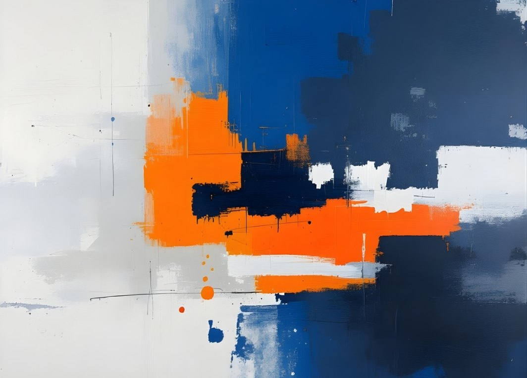 Tableau abstrait moderne bleu profond et orange vibrant composition graphique contemporaine décoration murale design
