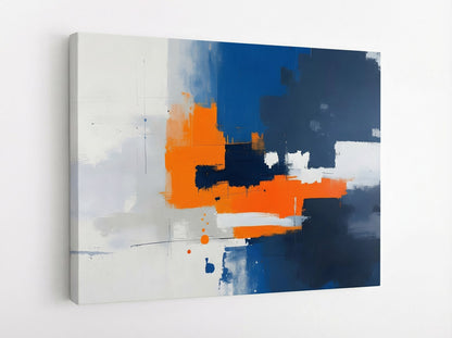 Vue de profil tableau abstrait moderne bleu et orange impression artistique sur toile avec détails de matière picturale
