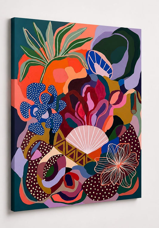 Tableau mural contemporain inspiré de la nature avec fleurs stylisées et couleurs vibrantes
