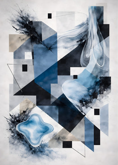 Tableau abstrait contemporain bleu formes géométriques modernes composition graphique minimaliste décoration murale
