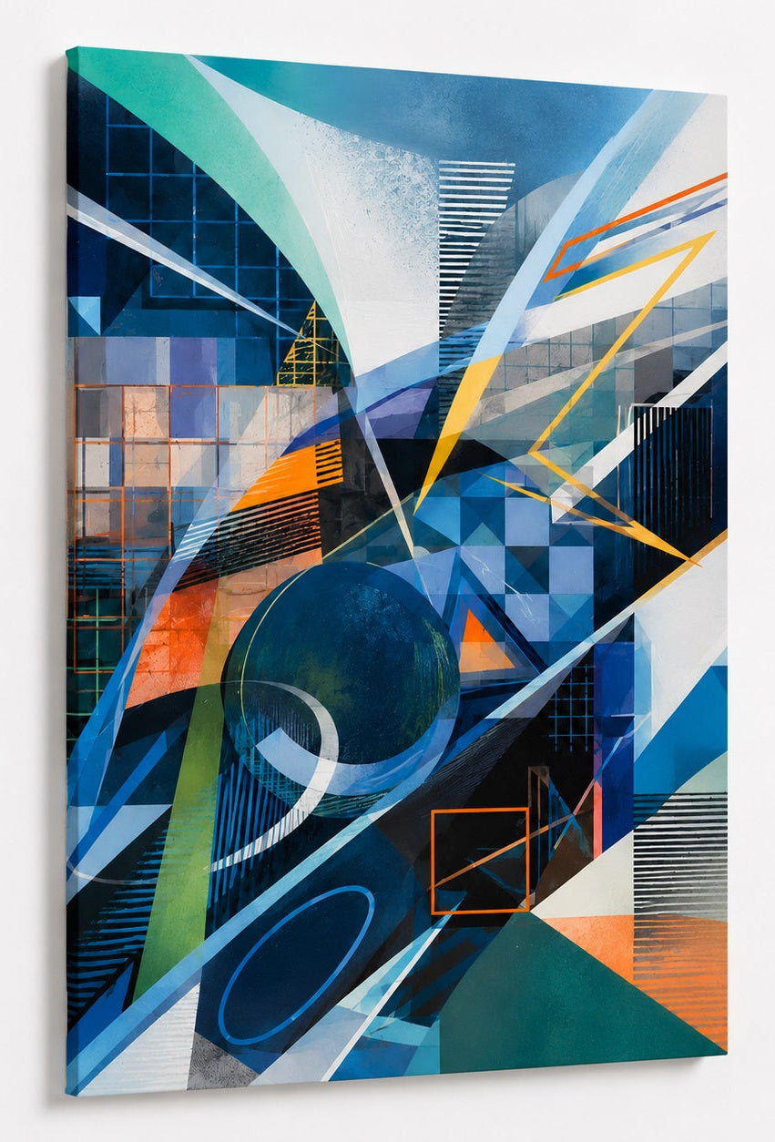Tableau design contemporain mêlant structures graphiques, volumes abstraits et nuances de bleu

