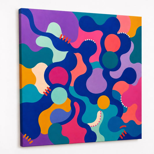 Tableau abstrait contemporain mêlant formes biomorphiques, couleurs vibrantes et équilibre graphique
