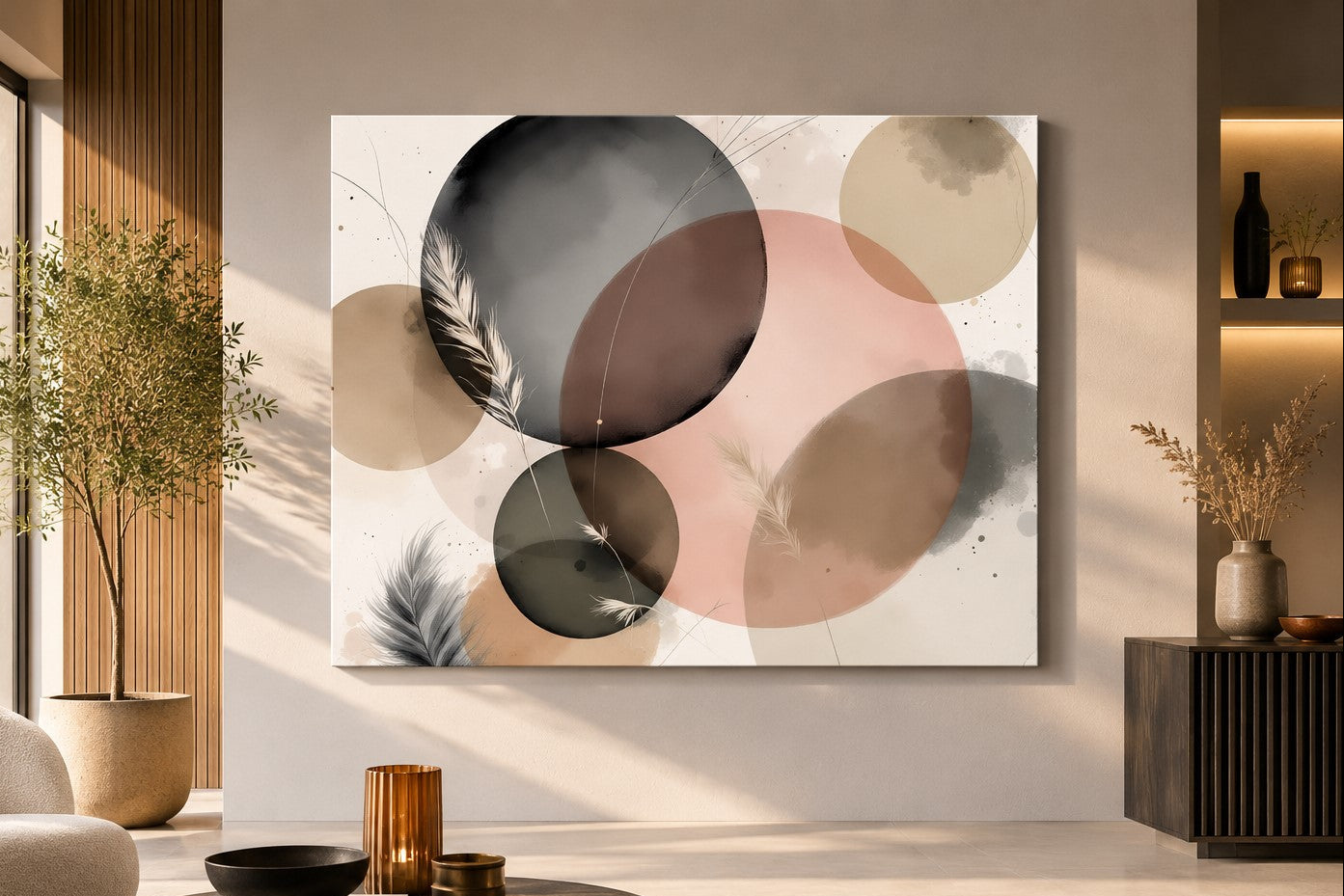 Œuvre abstraite aux cercles beiges installée dans un salon japandi contemporain création exclusive Iconik-Art
