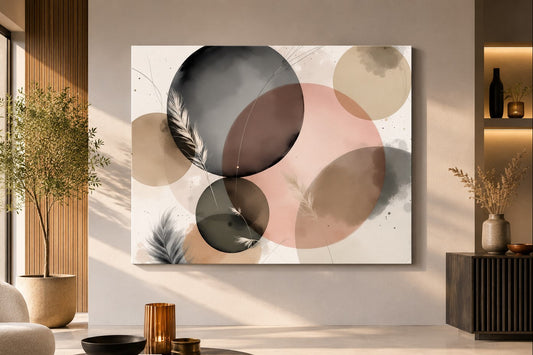 Œuvre abstraite aux cercles beiges installée dans un salon japandi contemporain création exclusive Iconik-Art
