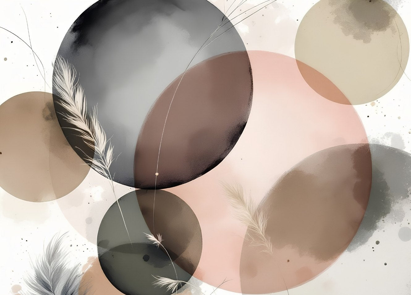 Composition abstraite minimaliste avec cercles beiges, gris et plumes délicates création exclusive Iconik-Art
