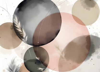 Composition abstraite minimaliste avec cercles beiges, gris et plumes délicates création exclusive Iconik-Art
