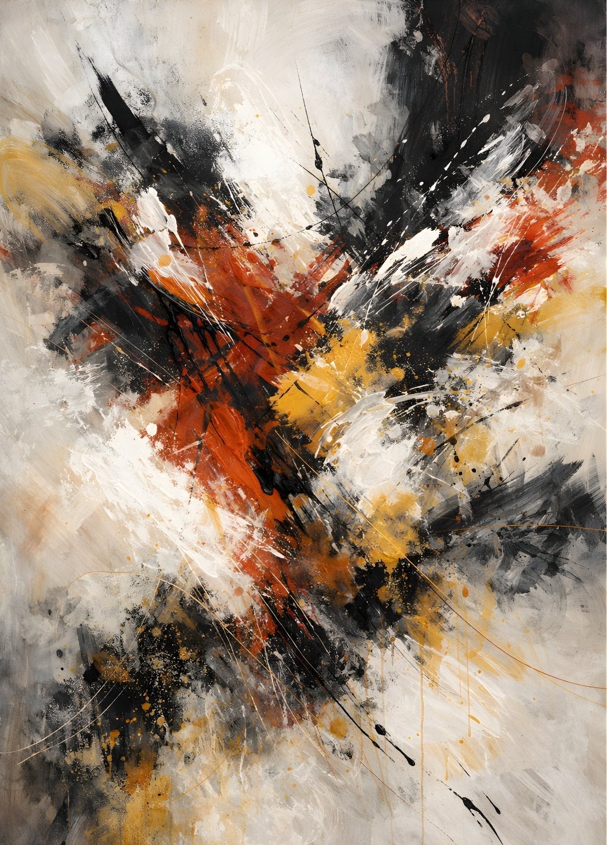 Tableau abstrait terracotta noir éclaboussures artistiques décoration murale contemporaine texturée
