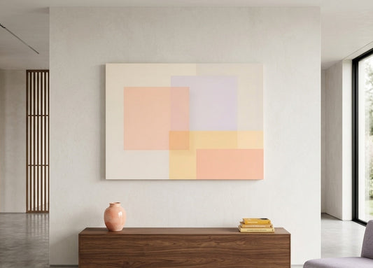 Tableau abstrait géométrique pastel dans un intérieur contemporain, création exclusive Iconik-Art
