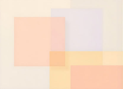 Tableau abstrait géométrique pastel aux formes translucides et couleurs douces
