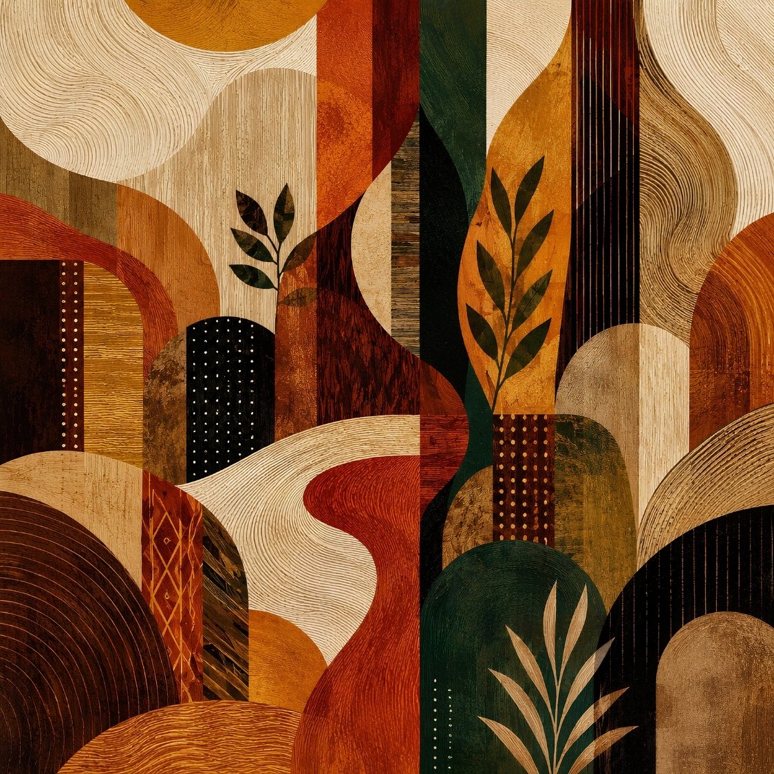 Composition abstraite géométrique terracotta avec formes organiques et feuillages stylisés création exclusive Iconik-Art
