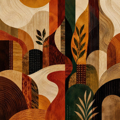 Composition abstraite géométrique terracotta avec formes organiques et feuillages stylisés création exclusive Iconik-Art
