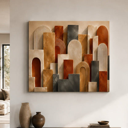 Tableau abstrait géométrique terracotta dans un intérieur contemporain, création exclusive Iconik-Art
