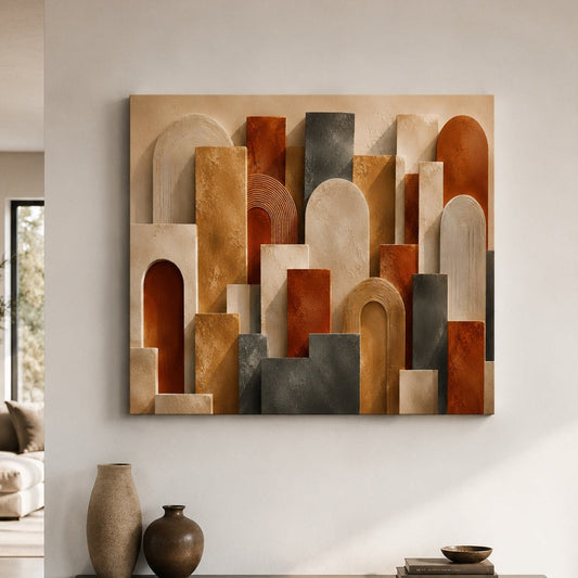 Tableau abstrait géométrique terracotta dans un intérieur contemporain, création exclusive Iconik-Art
