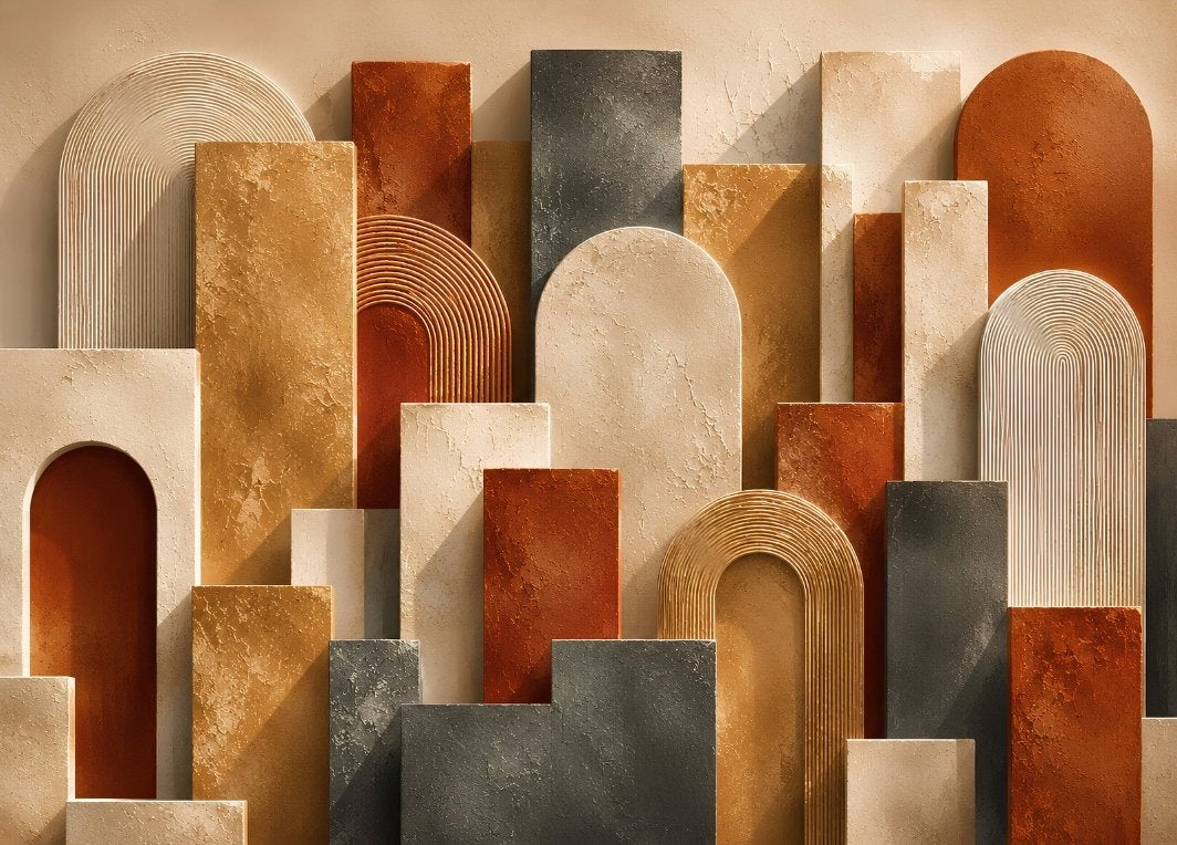 Tableau abstrait géométrique terracotta avec arches texturées et reliefs architecturaux
