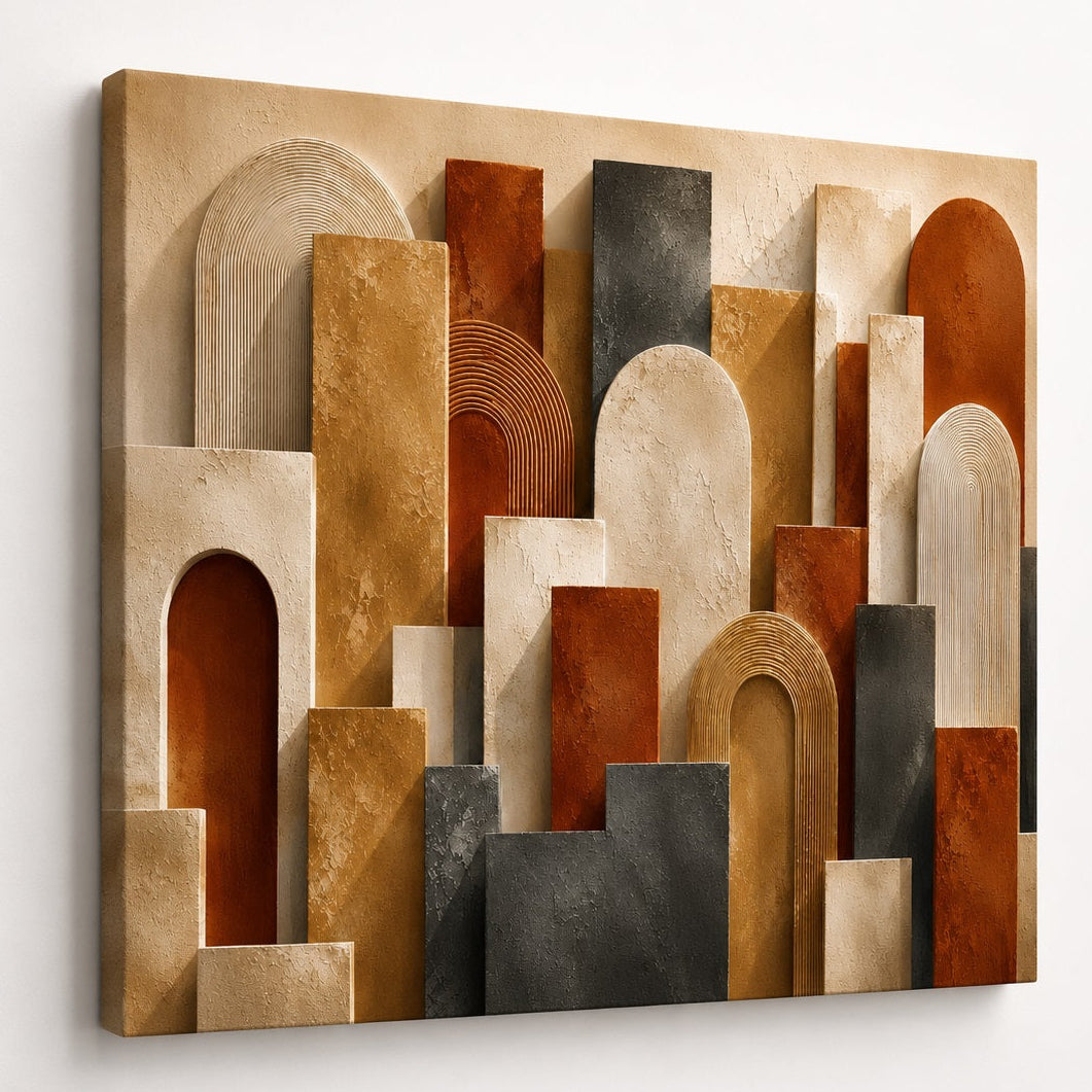 Vue de profil du tableau abstrait révélant la qualité d'impression et les textures architecturales
