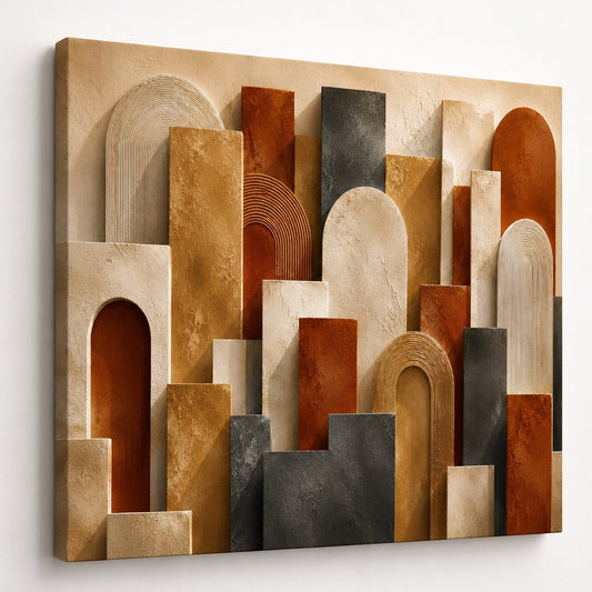 Vue de profil du tableau abstrait révélant la qualité d'impression et les textures architecturales
