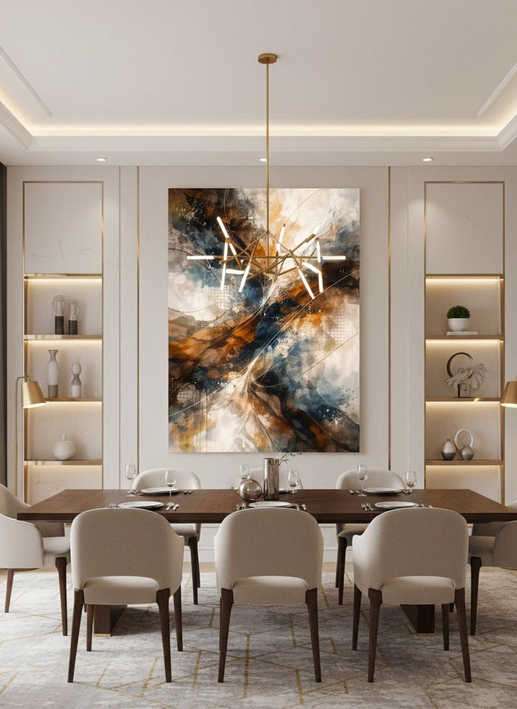 Tableau abstrait lumineux installé dans salon contemporain ambiance décoration murale élégante
